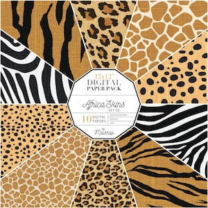 Digitales Papier mit Tiermotiven I Druckbares Scrapbook Papier I Zebra, Tiger, Leopard, Giraffe & Geparden Muster I Afrika Felle Set 02