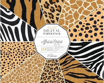 Digitales Papier mit Tiermotiven I Druckbares Scrapbook Papier I Zebra, Tiger, Leopard, Giraffe & Geparden Muster I Afrika Felle Set 02