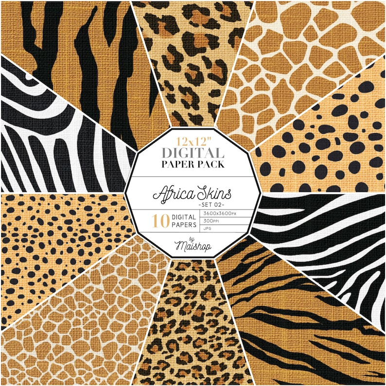 Animal Print Digital Paper I Printable Scrapbook Papers I Zebra, Tiger, Leopard, Giraffe & Cheetah Patterns I Africa Skins Set 02 image 1