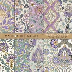 May include: A collection of ten digital papers, each 12x12 inches, featuring ornate floral and damask patterns in shades of purple, gold, and teal. The text "MAISHOP DIGITAL ART" and "Golden Age - Set 13" are visible.