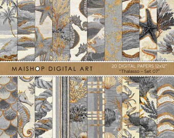 May include: A collection of 20 digital papers, each 12x12 inches, featuring marine life and coastal scenes. Designs include seahorses, starfish, coral, and waves in shades of gray, gold, and cream. The text "MAISHOP DIGITAL ART" and "Thalasso - Set 07" are visible.