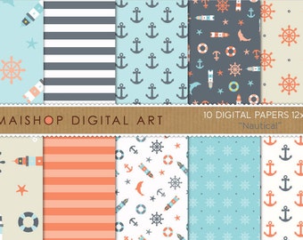 Digital Paper Pack "Nautical" Scrapbook Paper, Digital Patterns, Instant Download for Prints, Cards, Scrapbook, Collages, Decoupage...