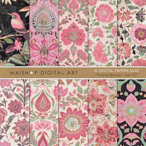 Papéis digitais coloridos Boho para impressão • Padrões rosa intrincados e sem costura • Fundos para download instantâneo • Conjunto Grand Bloom 07