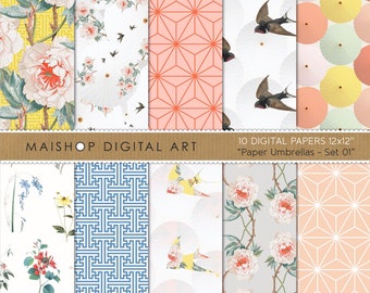 10 Japanese Papers, Coral Blue Peony Swallow Art, Oriental Parasol Design, Chinoiserie Theme, Wedding Background • Paper Umbrellas Set 01
