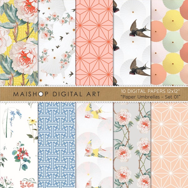 10 Japanese Papers, Coral Blue Peony Swallow Art, Oriental Parasol Design, Chinoiserie Theme, Wedding Background • Paper Umbrellas Set 01