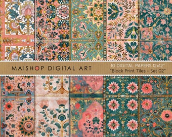 Nahtlose florale digitale Papiere • Bunte und komplizierte Boho Muster • Digital Download Hintergründe • Block Print Kacheln Set 02
