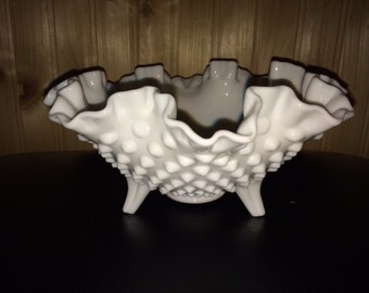 Lovely three legged milk glass bowl with ruffled edging and hobnail texture