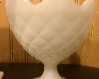 White glass open pedestal dish with quilted texture