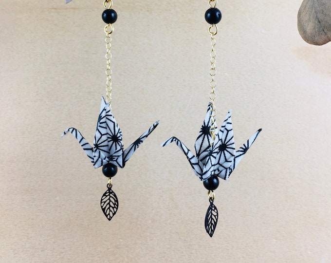 Origami crane earrings, black washi paper birds