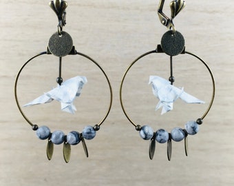 Origami birds large hoop earrings MARU#04