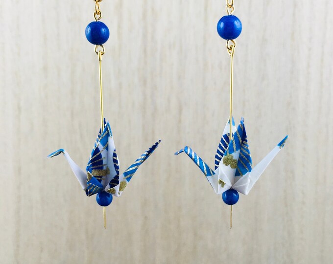 Origami crane earrings, blue washi paper birds