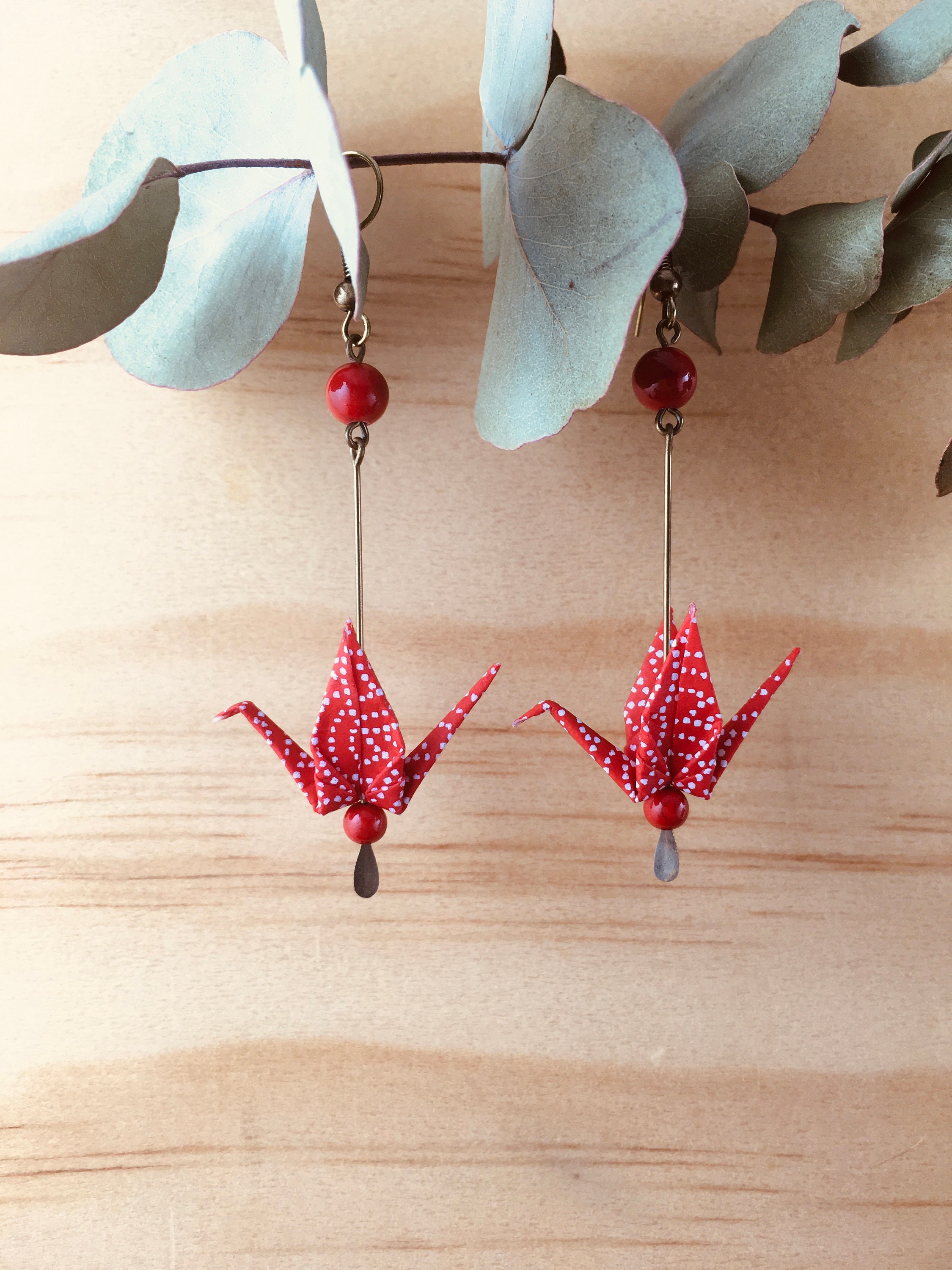 Origami crane earrings, red washi paper birds