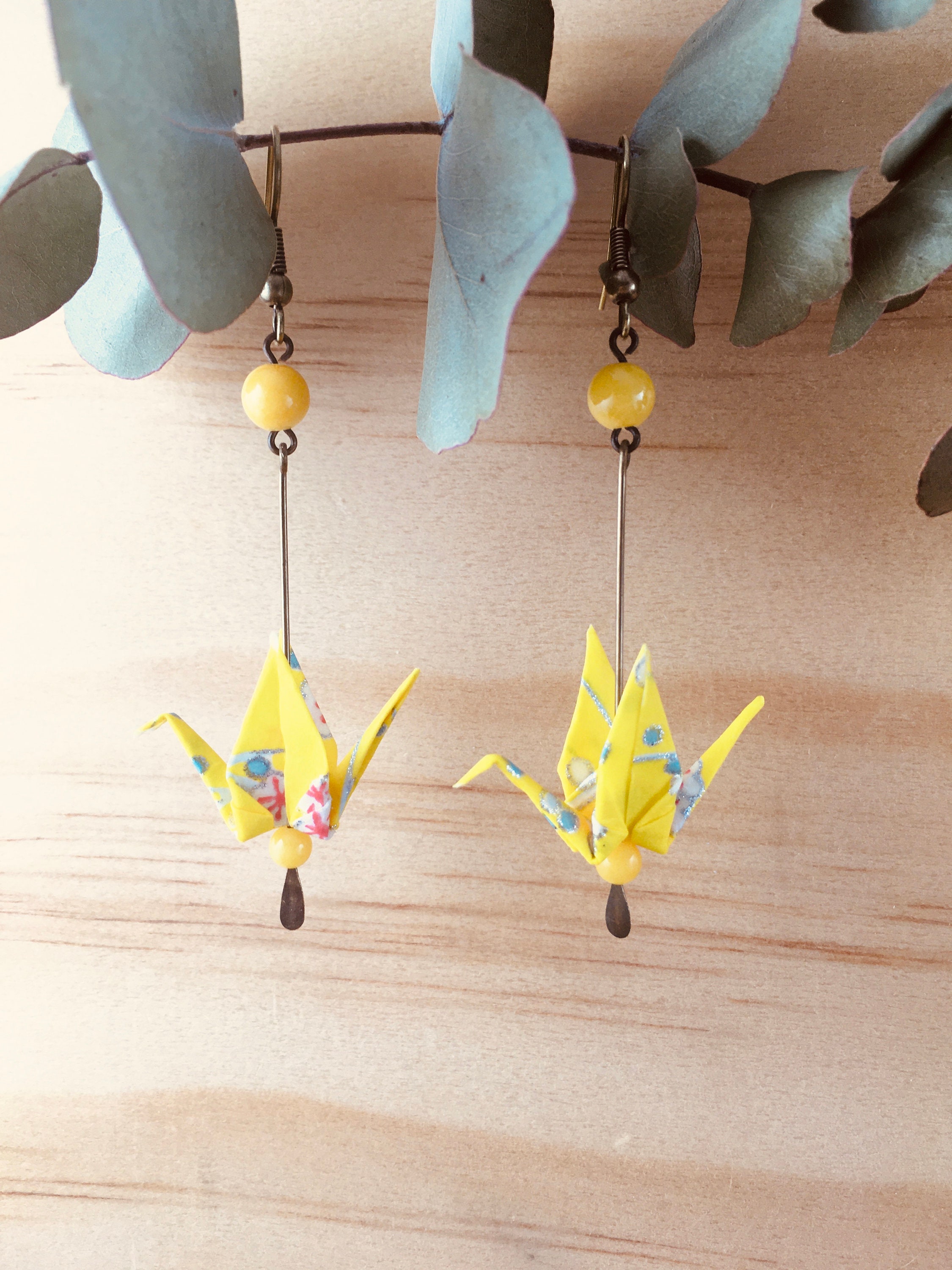 Origami crane earrings, yellow washi paper birds
