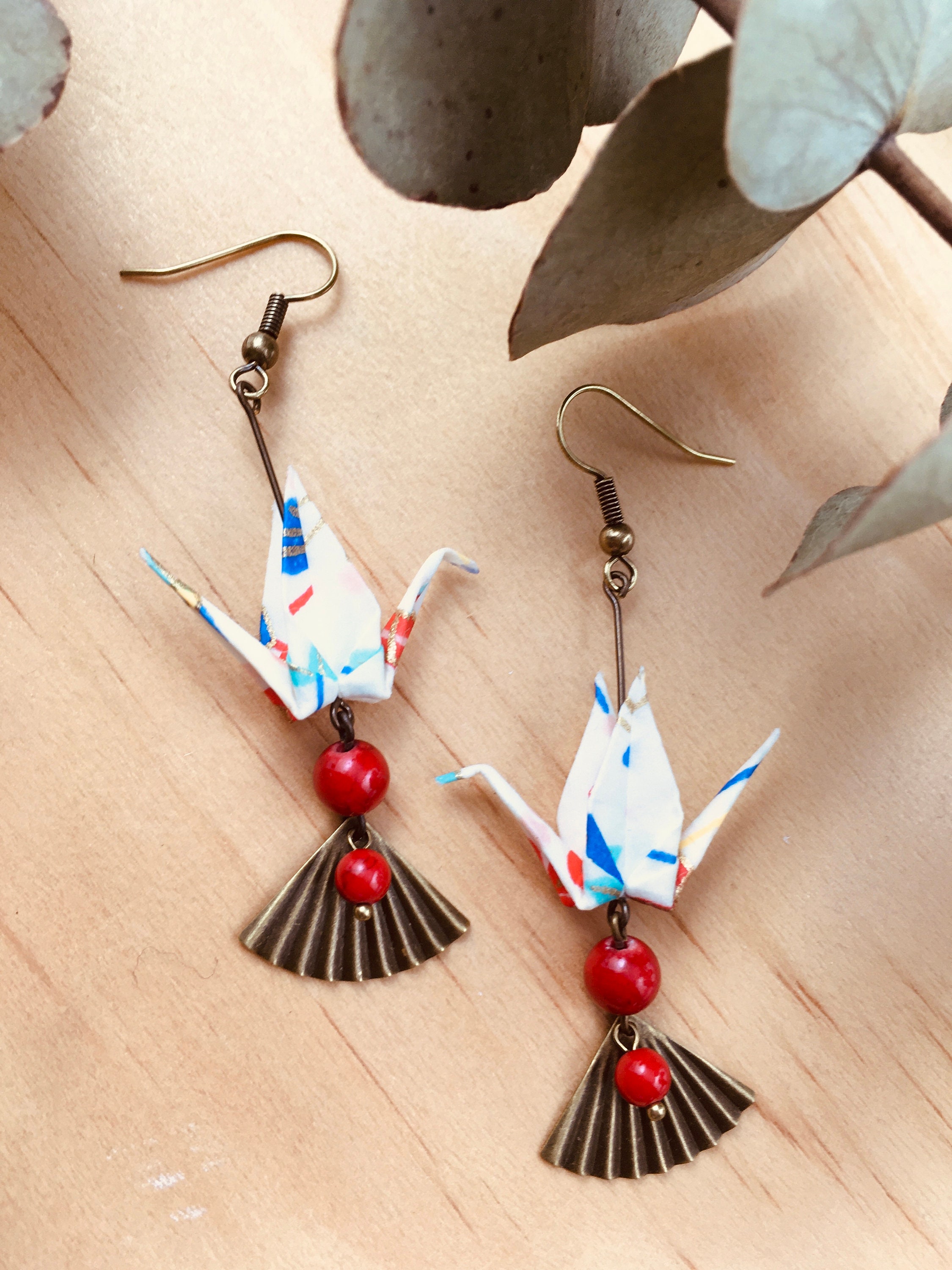 Origami crane earrings, red washi paper birds
