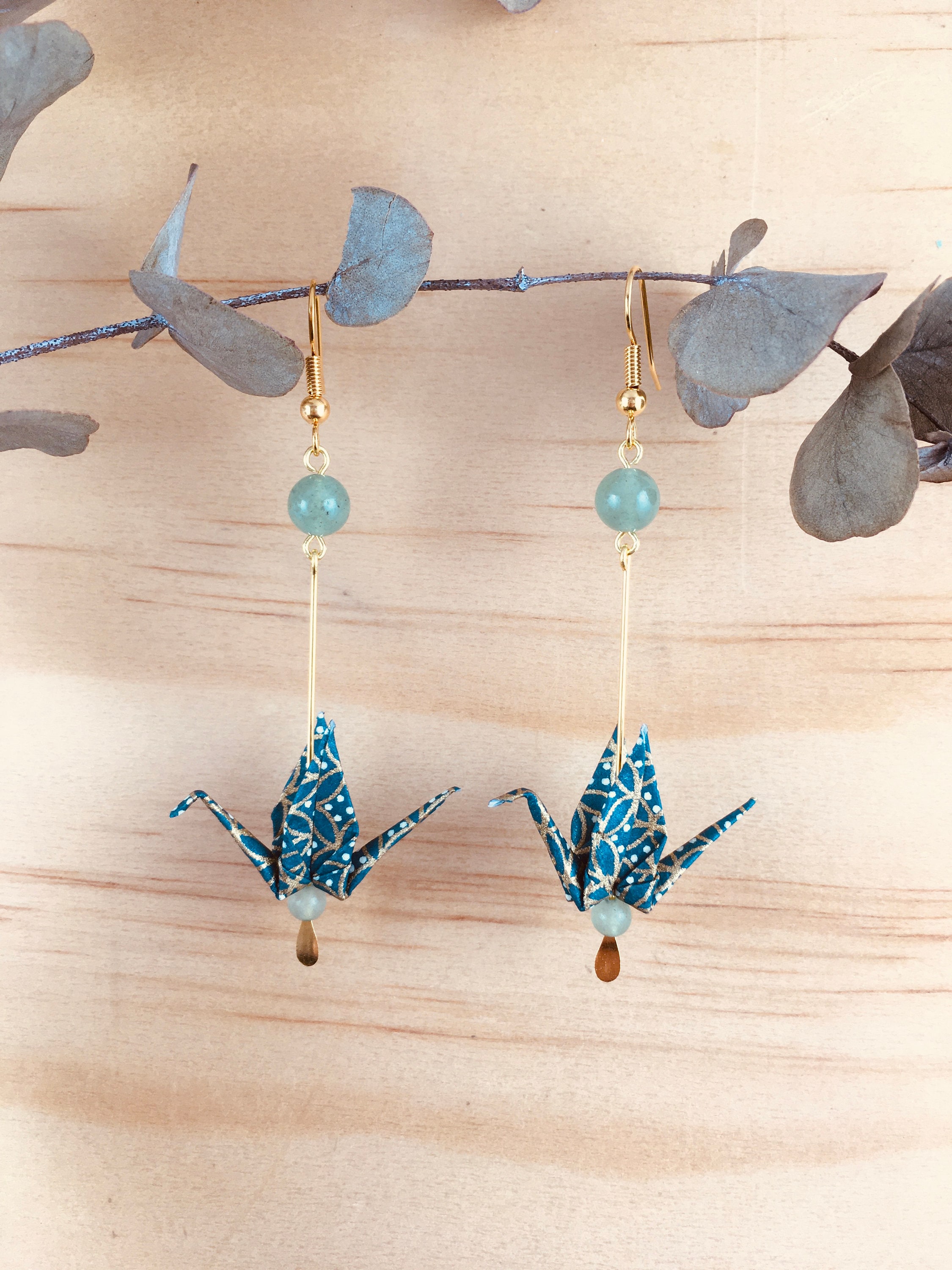 Origami crane earrings, green washi paper birds