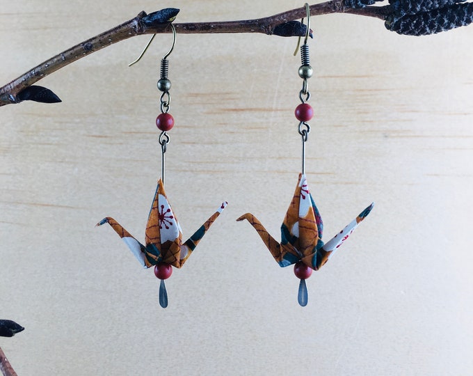 Origami crane earrings, brown washi paper birds