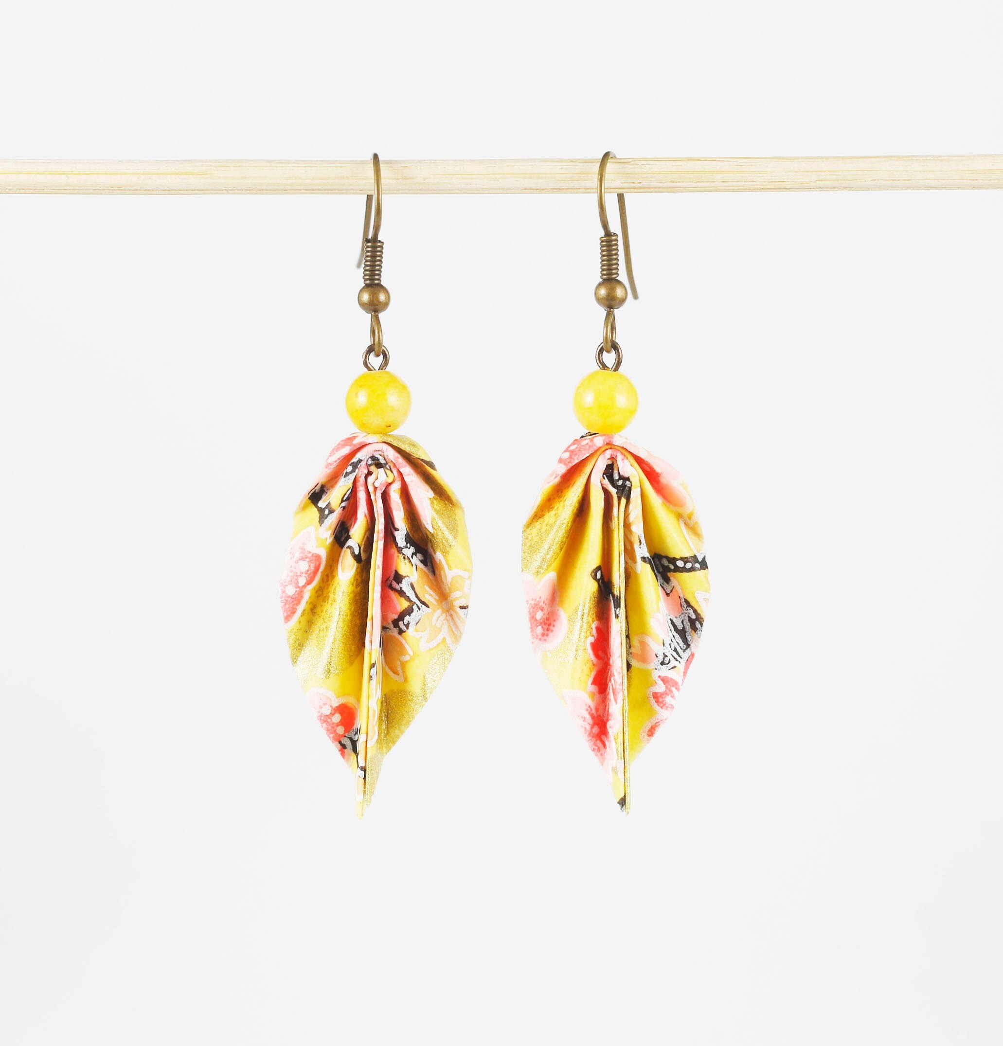 Origami leaf earrings, yellow washi paper