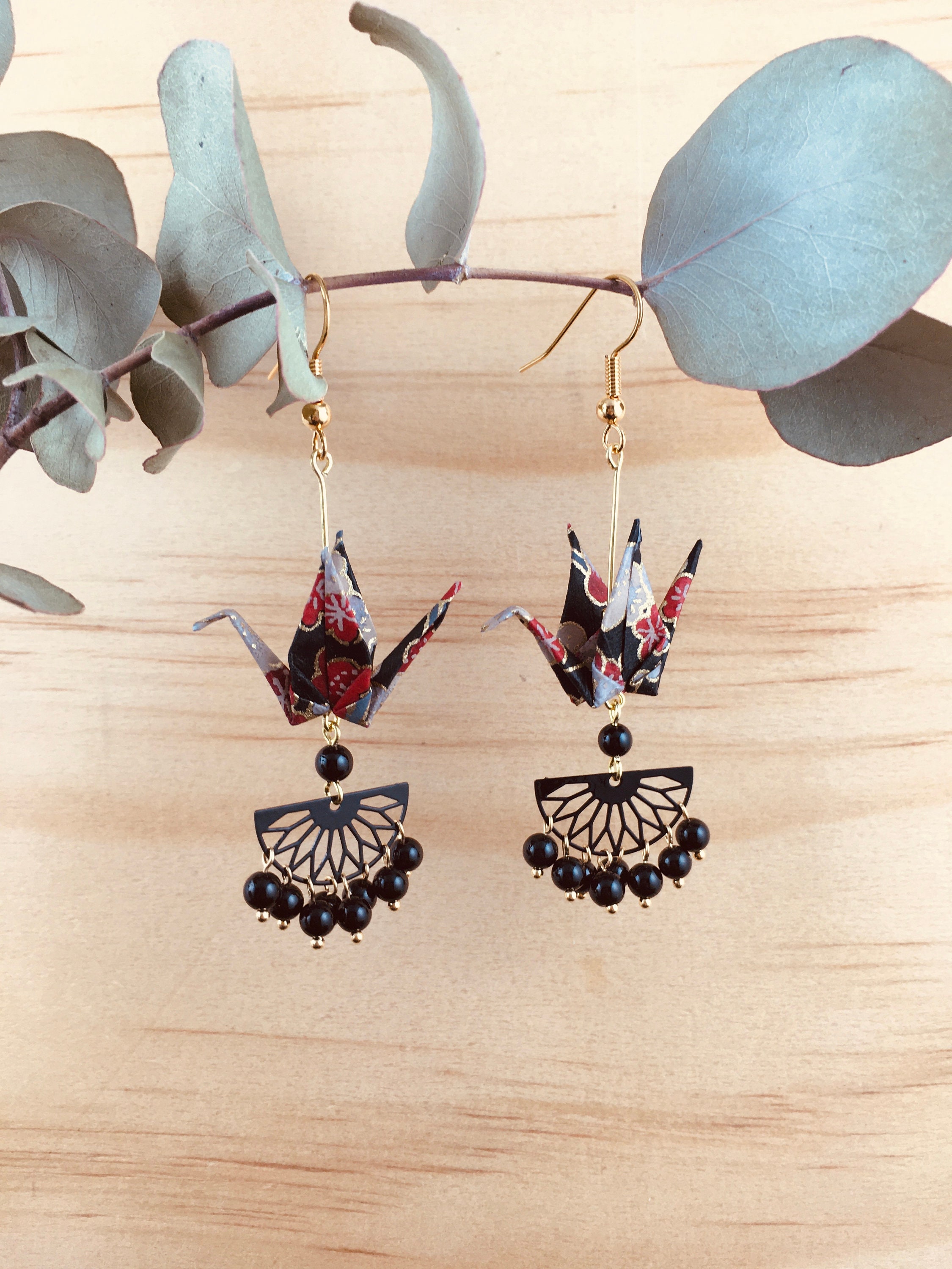 Origami crane earrings, black washi paper birds
