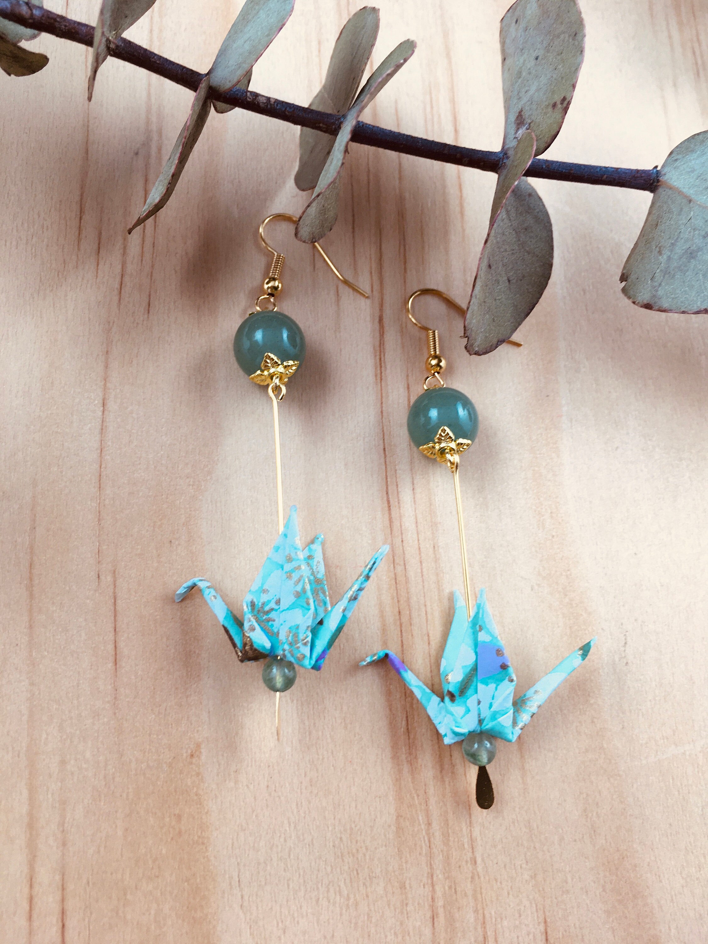 Origami crane earrings, green washi paper birds