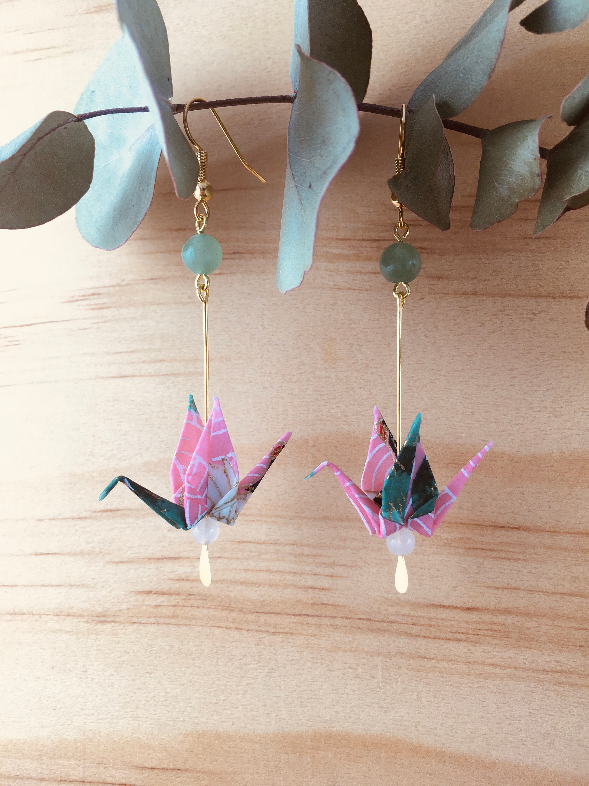 Origami crane earrings, green and pink washi paper birds