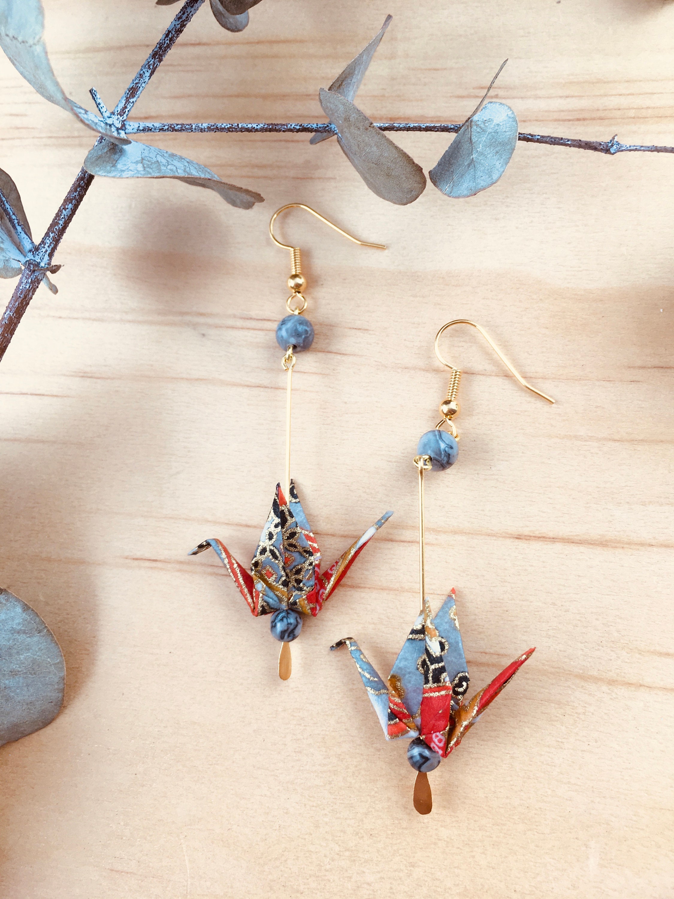 Origami crane earrings, red washi paper birds