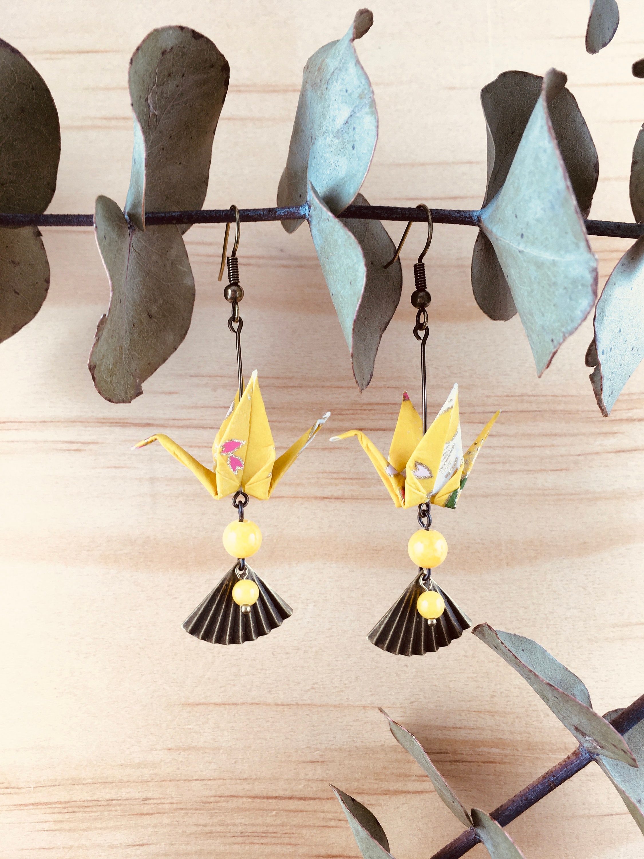 Origami crane earrings, washi paper birds