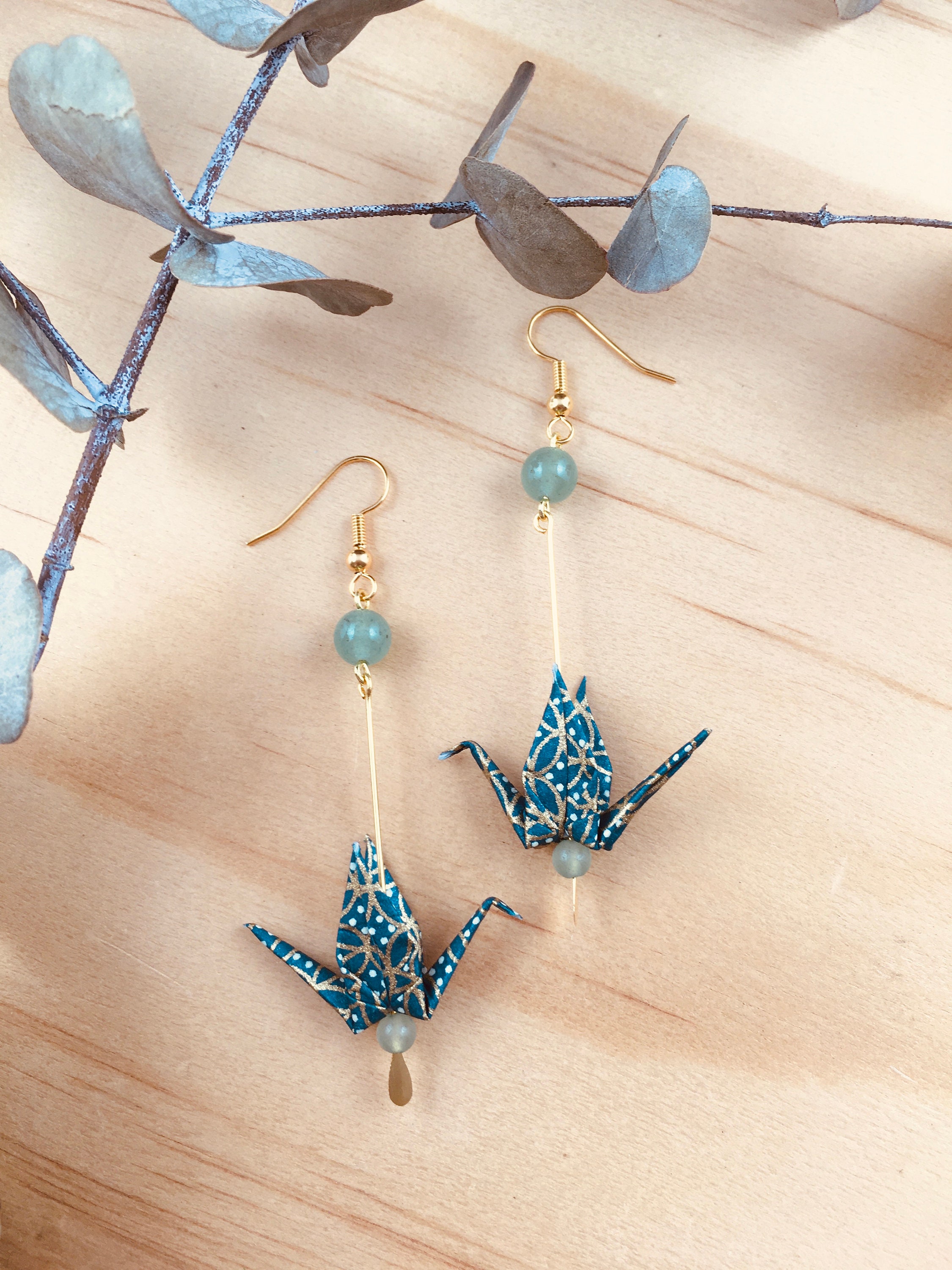 Origami crane earrings, green washi paper birds