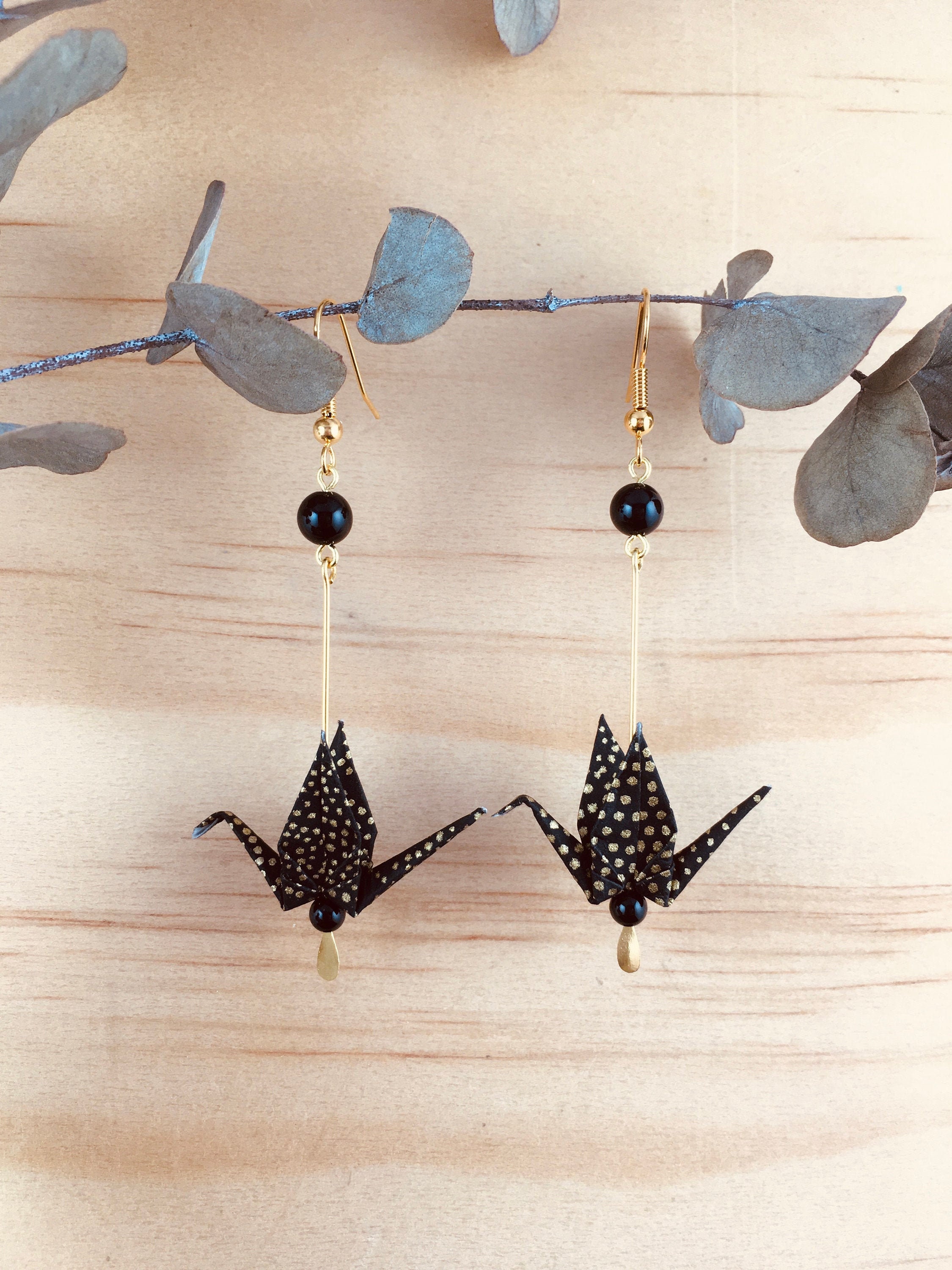 Origami crane earrings, black washi paper birds