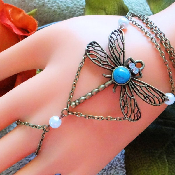 Dragonfly Bronze Slave Bracelet, Hand Chain, Hippie, Retro, Infinity Ring, Bracelet Ring