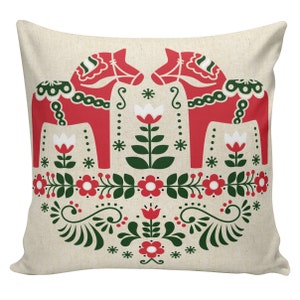 Holiday Pillow Cover Swedish Scandinavian Christmas Sampler Dala Horse French Style Cotton Throw Pillow #CH0176