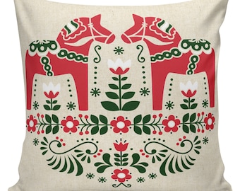 Holiday Pillow Cover Swedish Scandinavian Christmas Sampler Dala Horse French Style Cotton Throw Pillow #CH0176