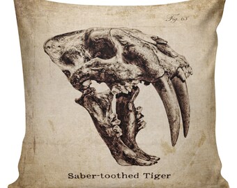 Vintage French Style Old Illustration Fossil Saber Toothed Tiger Boys Burlap Cotton Throw Pillow Cover #BY0003 Elliott Heath Designs