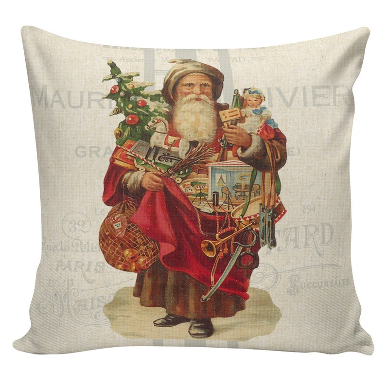 Christmas Pillow Vintage Holiday Santa French Style Burlap Cotton Throw Pillow Cover CH0192 Elliott Heath Designs image 1