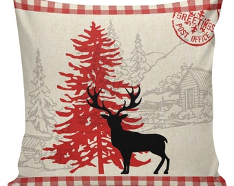 Christmas Pillow Vintage Burlap Pillow Cover Gingham Deer Cotton Throw Pillow Cover #CH0439