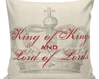 Holiday Pillow Cover Vintage Christmas Faith Christian King of Kings and Lord of Lords Crown French Style Burlap & Cotton #FA0010