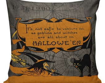 Farmhouse Halloween Pillow, Halloween Decor, Vintage Witch, Creepy, Cotton Throw Pillow Cover #HA0230