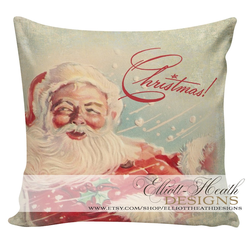 Santa Throw Pillow Cover Vintage Retro Christmas Ephemera Cotton CH0041 image 1