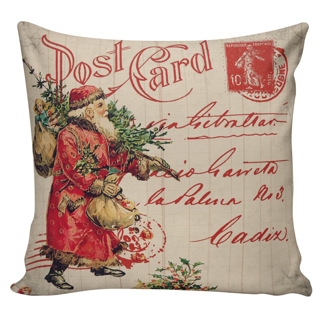 Christmas Pillow Burlap Cotton Throw Pillow Vintage Christmas Santa
