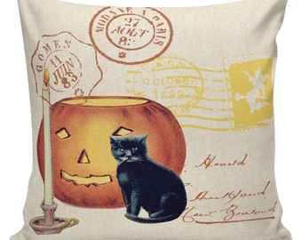 Vintage Halloween Pillow, Vintage Jack O Lantern Pumpkin Postcard, Farmhouse Halloween Pillows, Cotton Throw Pillow Cover #HA0153