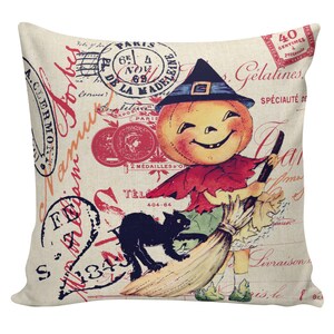 Halloween Pillow Vintage Witch Jack O Lantern Pumpkin Postcard Burlap Cotton Throw Pillow Cover #HA0138