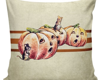 Halloween Pillow Vintage Pumpkin Jack o Lantern Laundry Stripes Burlap Cotton Throw Pillow Cover #HA0048