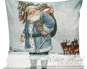 Christmas Pillows, Santa Pillows, Vintage Holiday Decor, Blue Santa Decor, Throw Pillow Cover, Many sizes, #CH0212, Elliott Heath Designs