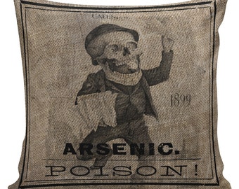 Vintage Halloween Skull Poison Label Arsenic Burlap Cotton Throw Pillow Cover #HA0187 Elliott Heath Designs