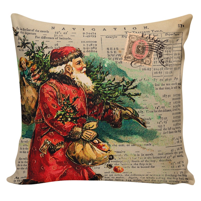 Holiday Throw Pillow Cover Vintage Santa Reindeer Christmas  Etsy