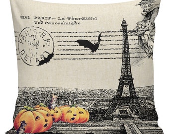 Halloween Pillow, Vintage Paris, Farmhouse Halloween, Jack O Lantern, Pumpkin Postcard, Cotton Throw Pillow Cover #HA0150