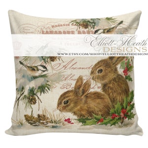 Christmas Pillow Vintage Holiday Bunnies French Style Cotton Front with Cotton or Burlap Back #CH0128 Elliott Heath Designs