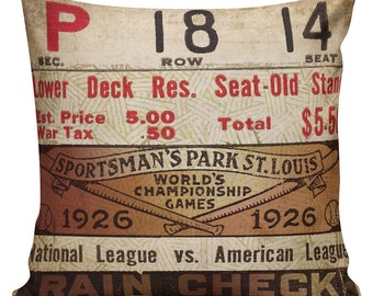 Baseball Pillow, Antique Baseball, Vintage Baseball, Ticket Stub Art, World Championship, St Louis, Cotton Throw Pillow Cover #BB0005