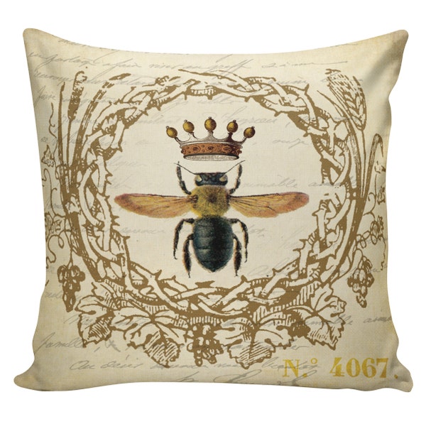 Throw Pillow Cover, Vintage French Spring Honey Bees Antique Document Burlap & Cotton Home Decor #BE0005, Gift Under 50