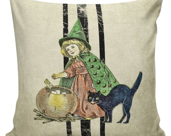 Grainsack Vintage Halloween Pillow Cover, Pumpkin Jack O Lantern Witch Laundry Ticking Cotton Black Cat #HA0092 Elliott Heath Designs