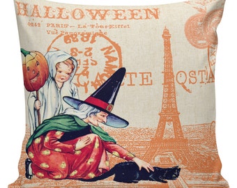 Vintage Halloween Decor, Halloween Pillow, Vintage Witch Jack O Lantern, Pumpkin Postcard, Cotton Throw Pillow Cover #HA0149